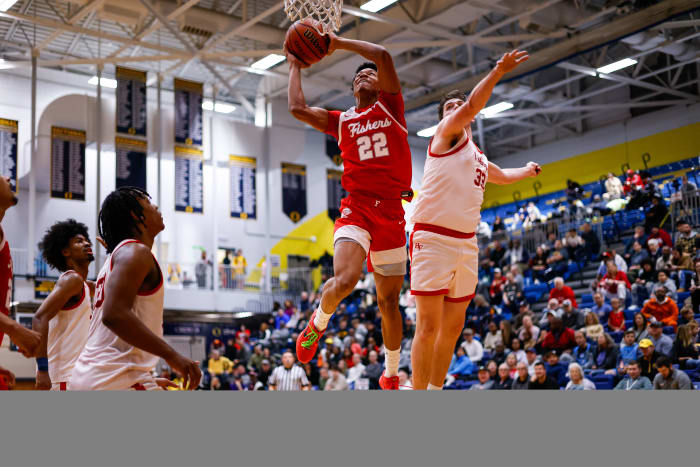 Fishers (Indiana) junior JonAnthony Hall soars for a dunk
